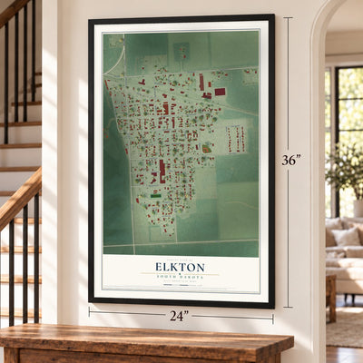 Elkton, South Dakota map, 24 x 36 inch print in a black frame by a staircase
