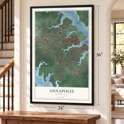 Annapolis, Maryland map, 24 x 36 inch print in a black frame by a staircase
