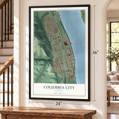 Columbia City, Oregon map, 24 x 36 inch print in a black frame by a staircase