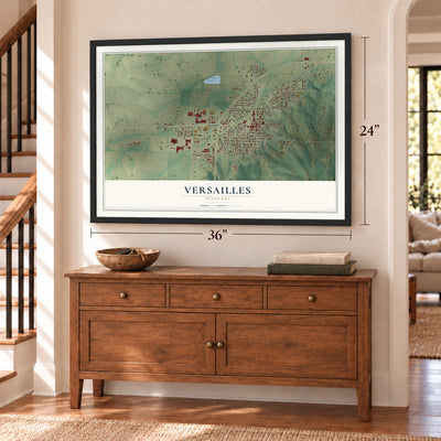 Versailles, Missouri map, 24 x 36 inch print in a black frame above a dresser by a staircase