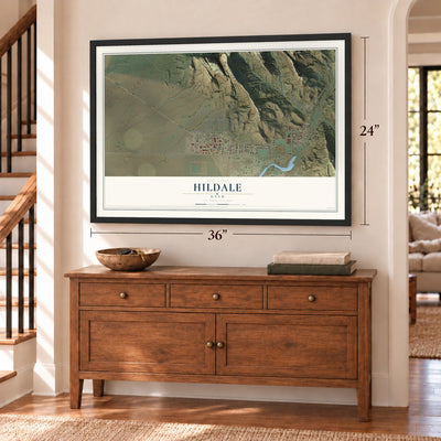 Hildale, Utah map, 24 x 36 inch print in a black frame above a dresser by a staircase