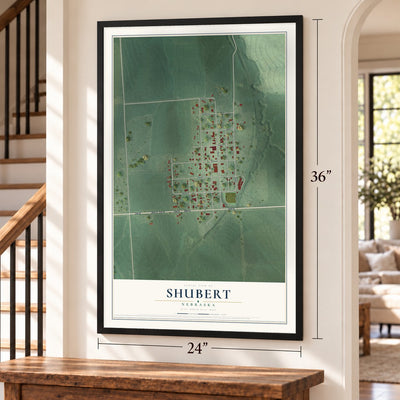 Shubert, Nebraska map, 24 x 36 inch print in a black frame by a staircase