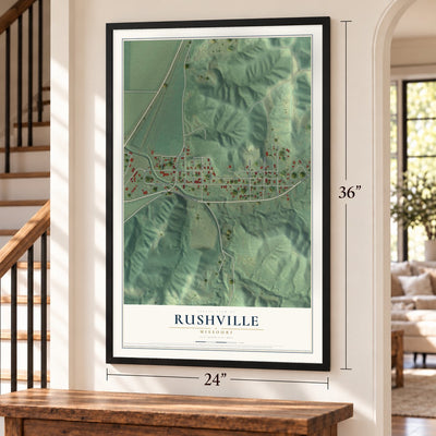 Rushville, Missouri map, 24 x 36 inch print in a black frame by a staircase