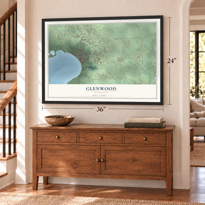 Glenwood, Minnesota map, 24 x 36 inch print in a black frame above a dresser by a staircase