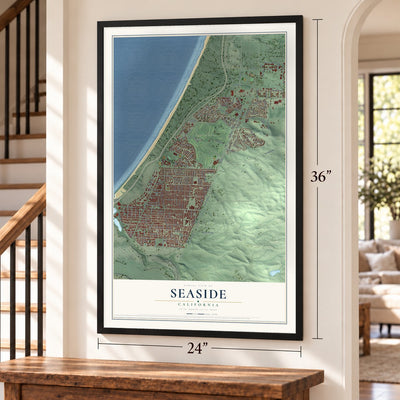 Seaside, California map, 24 x 36 inch print in a black frame by a staircase