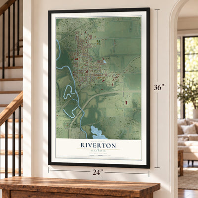 Riverton, Illinois map, 24 x 36 inch print in a black frame by a staircase