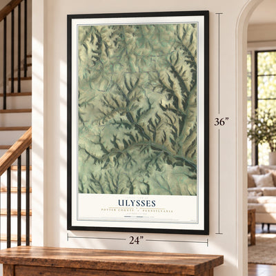 Ulysses, Potter County, Pennsylvania map, 24 x 36 inch print in a black frame by a staircase
