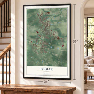 Pooler, Georgia map, 24 x 36 inch print in a black frame by a staircase