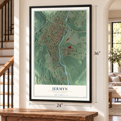 Jermyn, Pennsylvania map, 24 x 36 inch print in a black frame by a staircase