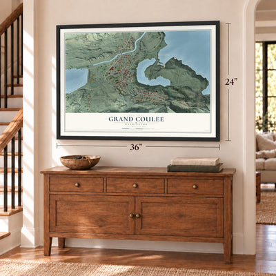 Grand Coulee, Washington map, 24 x 36 inch print in a black frame above a dresser by a staircase