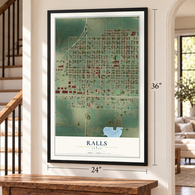 Ralls, Texas map, 24 x 36 inch print in a black frame by a staircase