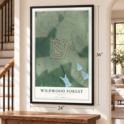 Wildwood Forest, Georgia map, 24 x 36 inch print in a black frame by a staircase