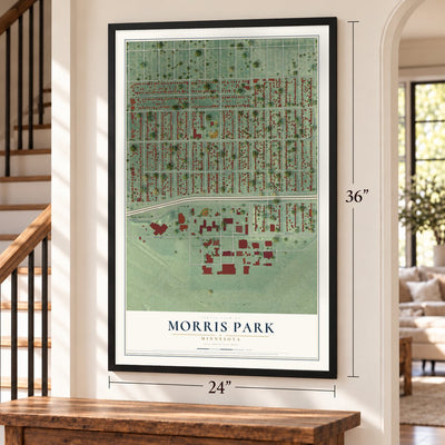 Morris Park, Minnesota map, 24 x 36 inch print in a black frame by a staircase