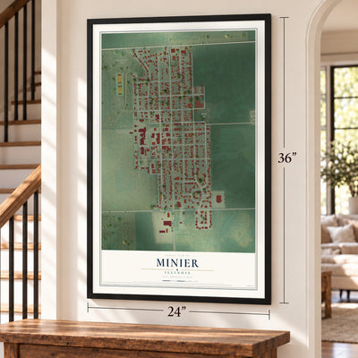 Minier, Illinois map, 24 x 36 inch print in a black frame by a staircase