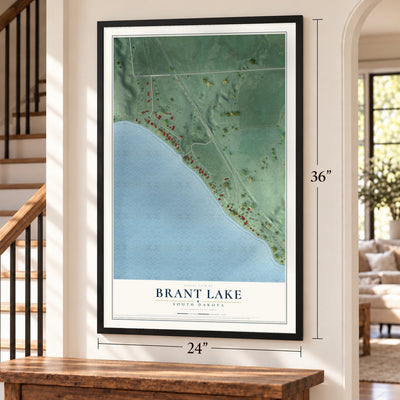 Brant Lake, South Dakota map, 24 x 36 inch print in a black frame by a staircase