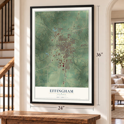 Effingham, Illinois map, 24 x 36 inch print in a black frame by a staircase