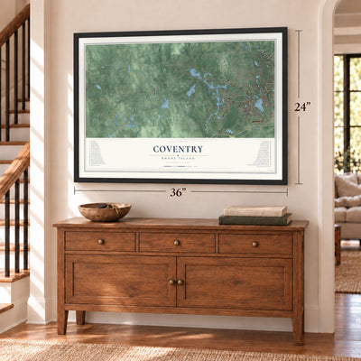 Coventry, Rhode Island map, 24 x 36 inch print in a black frame above a dresser by a staircase