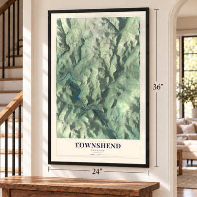 Townshend, Vermont map, 24 x 36 inch print in a black frame by a staircase