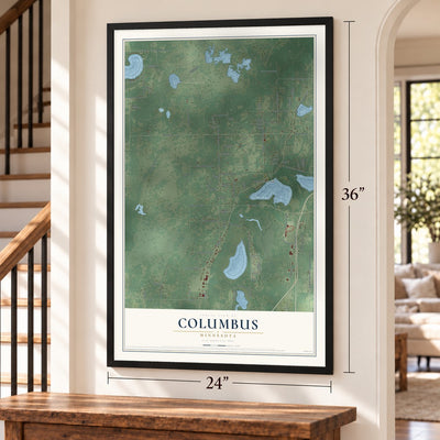 Columbus, Minnesota map, 24 x 36 inch print in a black frame by a staircase