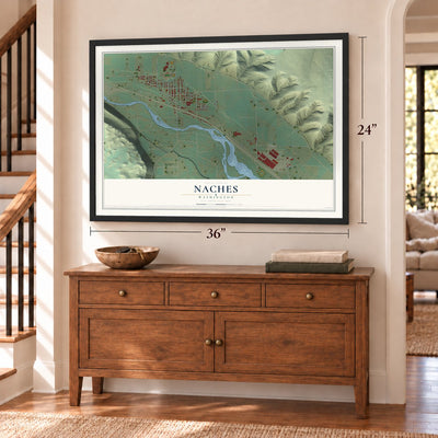 Naches, Washington map, 24 x 36 inch print in a black frame above a dresser by a staircase