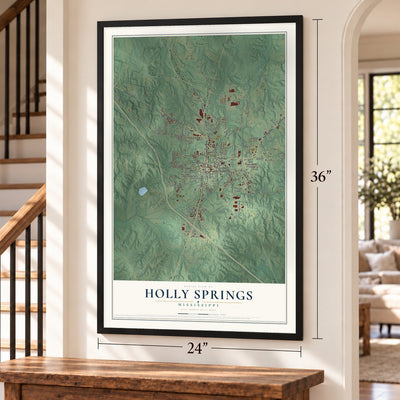 Holly Springs, Mississippi map, 24 x 36 inch print in a black frame by a staircase
