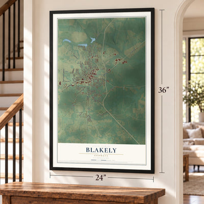 Blakely, Georgia map, 24 x 36 inch print in a black frame by a staircase