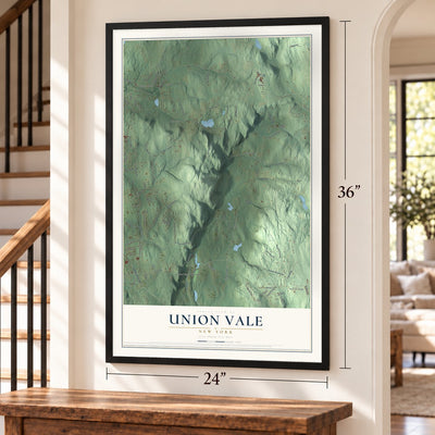 Union Vale, New York map, 24 x 36 inch print in a black frame by a staircase