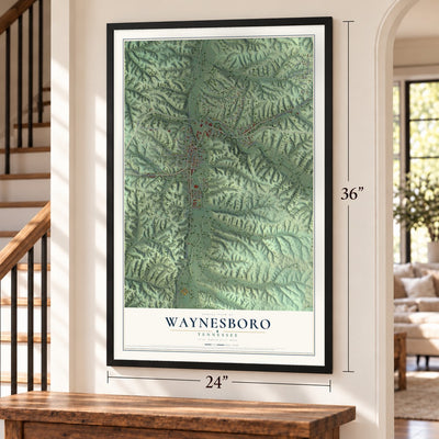 Waynesboro, Tennessee map, 24 x 36 inch print in a black frame by a staircase