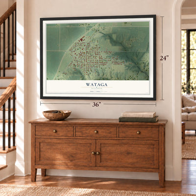 Wataga, Illinois map, 24 x 36 inch print in a black frame above a dresser by a staircase