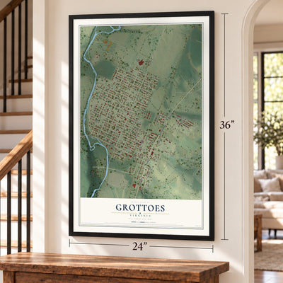 Grottoes, Virginia map, 24 x 36 inch print in a black frame by a staircase