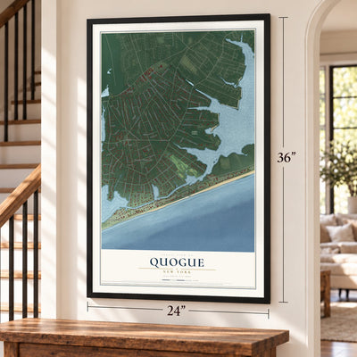 Quogue, New York map, 24 x 36 inch print in a black frame by a staircase