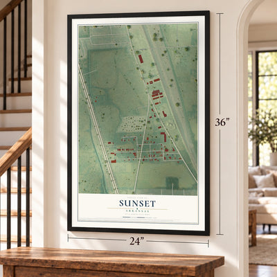 Sunset, Arkansas map, 24 x 36 inch print in a black frame by a staircase