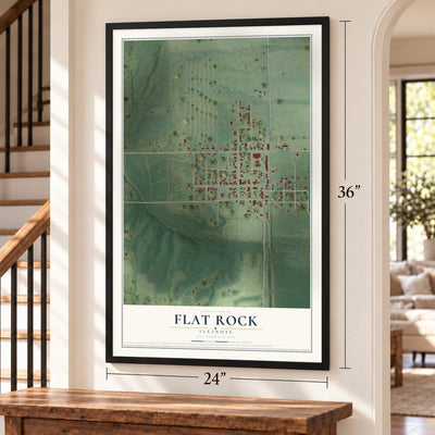 Flat Rock, Illinois map, 24 x 36 inch print in a black frame by a staircase