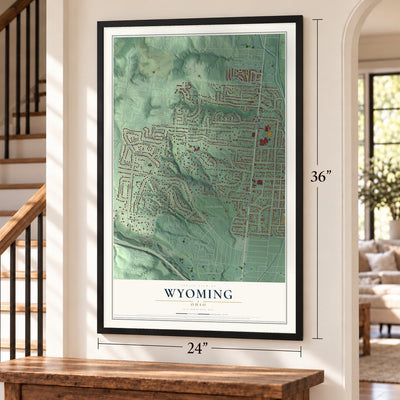 Wyoming, Ohio map, 24 x 36 inch print in a black frame by a staircase