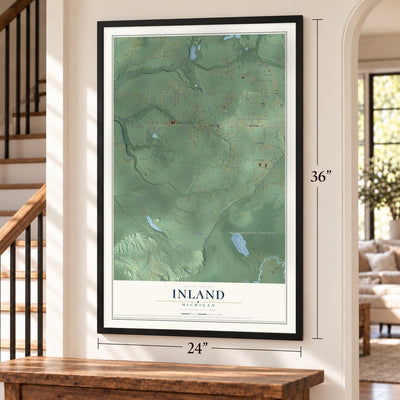 Inland, Michigan map, 24 x 36 inch print in a black frame by a staircase