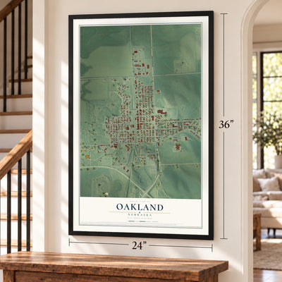 Oakland, Nebraska map, 24 x 36 inch print in a black frame by a staircase