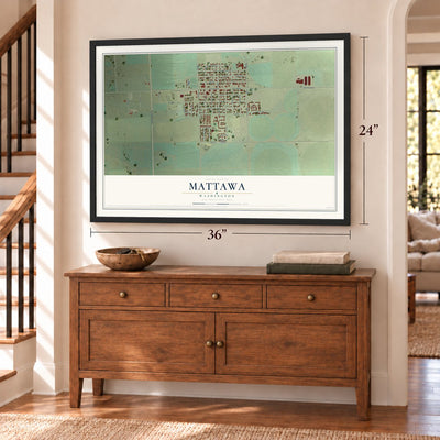 Mattawa, Washington map, 24 x 36 inch print in a black frame above a dresser by a staircase