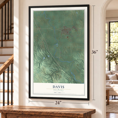 Davis, Oklahoma map, 24 x 36 inch print in a black frame by a staircase