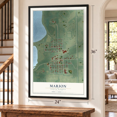 Marion, North Dakota map, 24 x 36 inch print in a black frame by a staircase