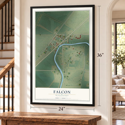 Falcon, Mississippi map, 24 x 36 inch print in a black frame by a staircase