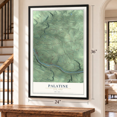 Palatine, New York map, 24 x 36 inch print in a black frame by a staircase