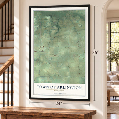 Town of Arlington, Wisconsin map, 24 x 36 inch print in a black frame by a staircase