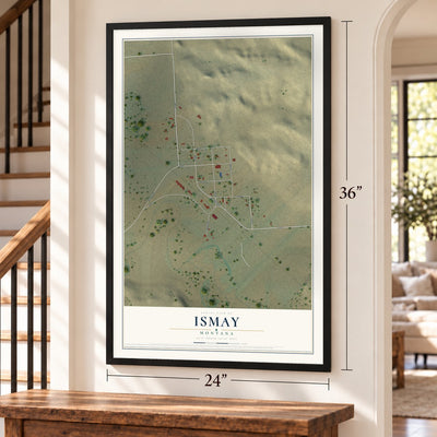 Ismay, Montana map, 24 x 36 inch print in a black frame by a staircase