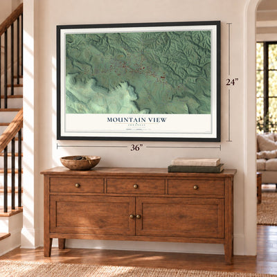 Mountain View, Arkansas map, 24 x 36 inch print in a black frame above a dresser by a staircase