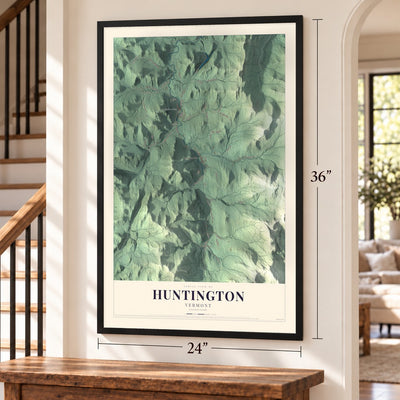 Huntington, Vermont map, 24 x 36 inch print in a black frame by a staircase