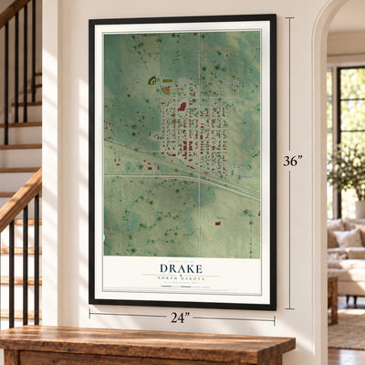 Drake, North Dakota map, 24 x 36 inch print in a black frame by a staircase