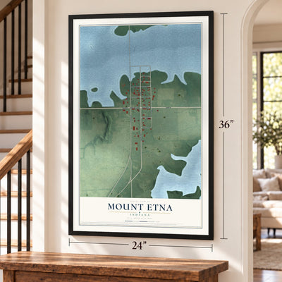 Mount Etna, Indiana map, 24 x 36 inch print in a black frame by a staircase