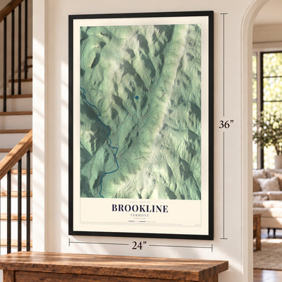 Brookline, Vermont map, 24 x 36 inch print in a black frame by a staircase