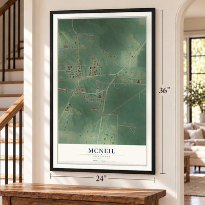 McNeil, Arkansas map, 24 x 36 inch print in a black frame by a staircase
