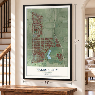Harbor City, California map, 24 x 36 inch print in a black frame by a staircase